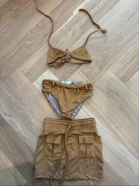 Kids Suede-Texture Bikini Set with Skirt - Tan